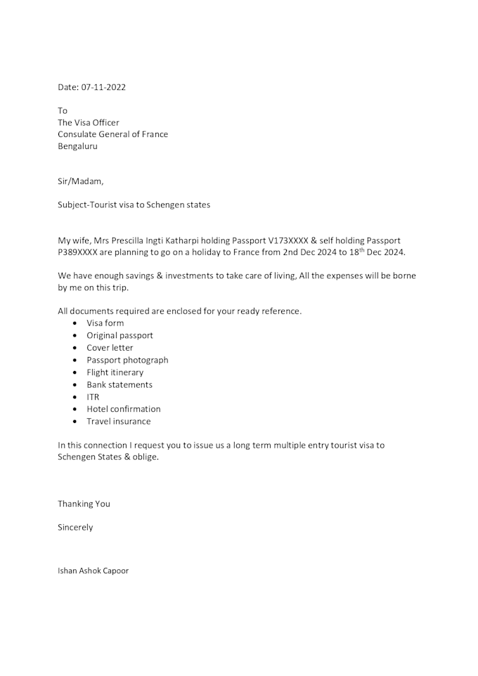 tourist visa and cover letter