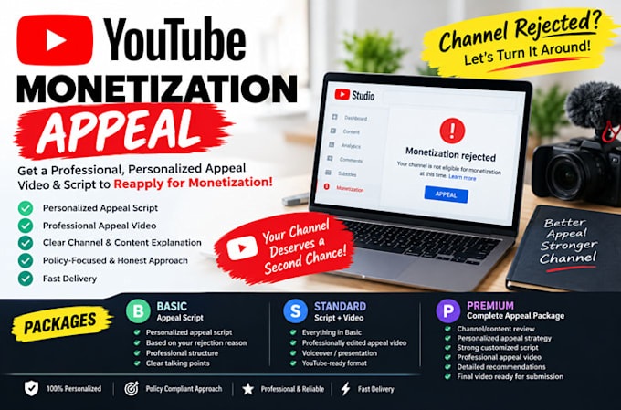 create strong youtube appeal video for channel monetization, channel rejected