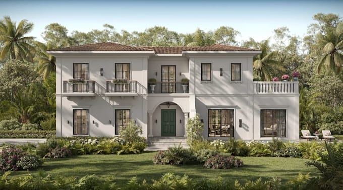 revit luxury villa house,cgi mediterranean building render,curated garden design