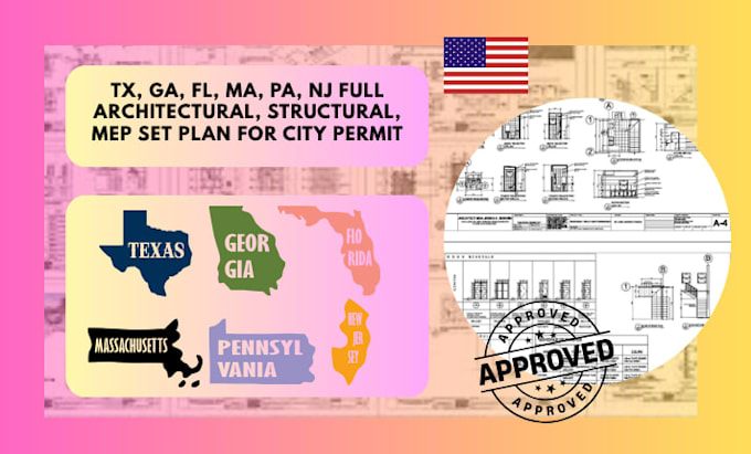 tx, ga, fl, ma, pa, nj full architectural, structural, mep set plan for permit