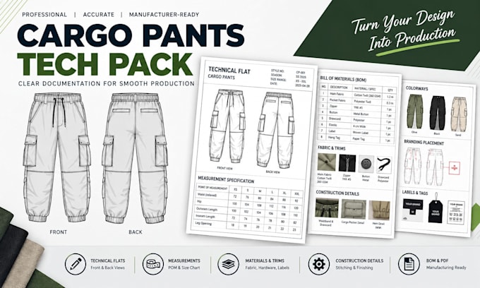 create a professional cargo pants and cargo jogger tech pack