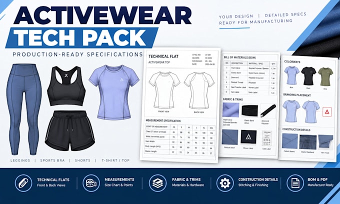 create a professional activewear and gymwear tech pack