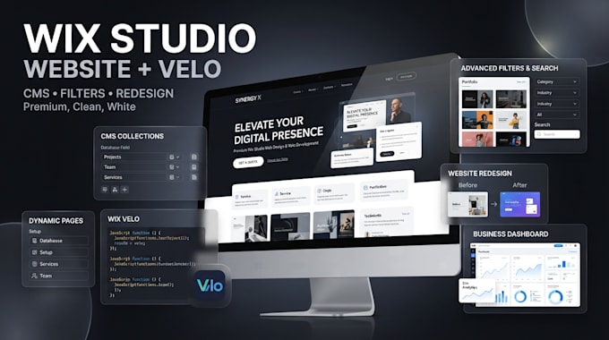 build wix website velo redesign, filter website studio, cms wix business website
