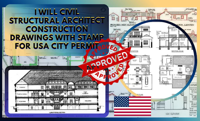 civil structural architect construction drawings with stamp for USA city permit