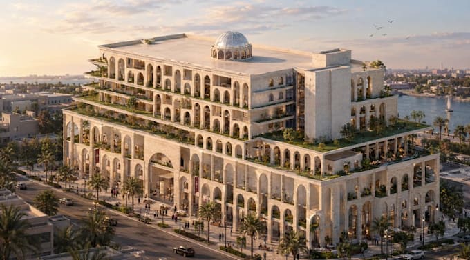 3d mixed use complex,tropical exterior,commercial retrofit, cgi apartment render