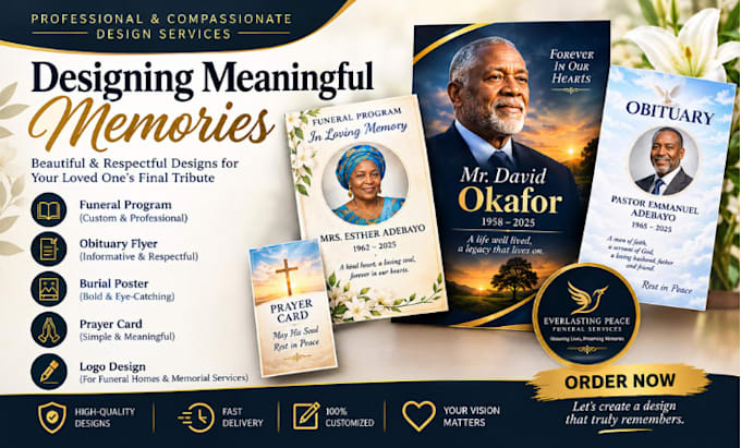design funeral program, obituary flyer, burial poster,  prayer card, logo design