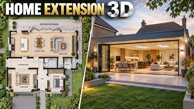 create home extension 3d visualization with detailed floor plans