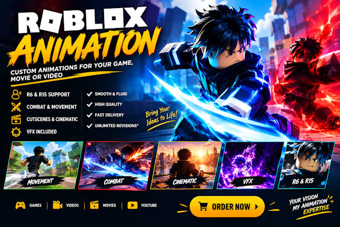 create custom roblox animation for r6 r15 games and vfx
