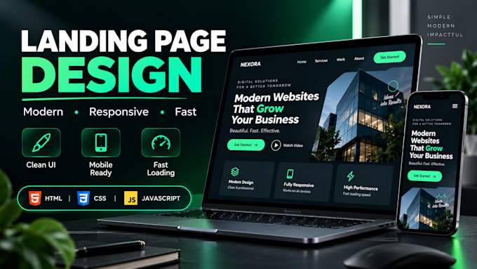 design a responsive landing page in HTML CSS and javascript