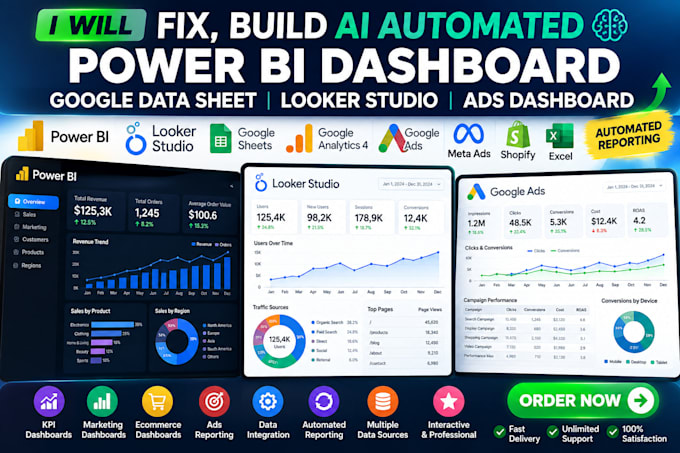 fix build ai automated power bi dashboard google data sheet studio ads dashboard