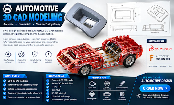 create professional automotive 3d cad models, parametric parts and assemblies