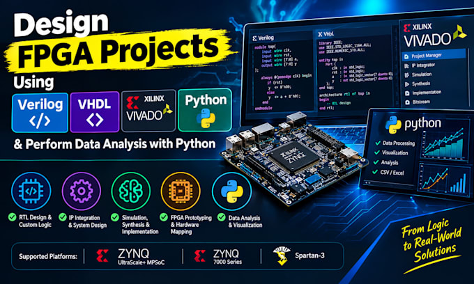 design fpga projects using verilog vhdl,xilinx vivado,python prog data analysis