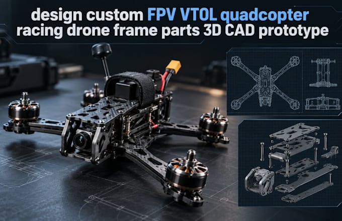 design custom fpv vtol quadcopter racing drone frame parts 3d cad prototype