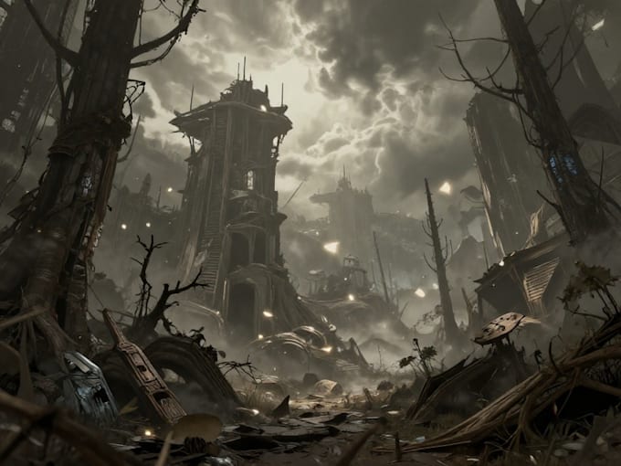 draw fantasy, post apocalyptic, background or concept art