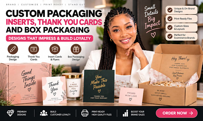 design custom packaging inserts, thank you cards and box packaging