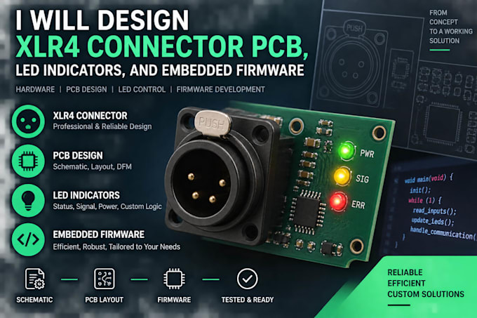 design xlr4 connector pcb, led indicators, and embedded firmware
