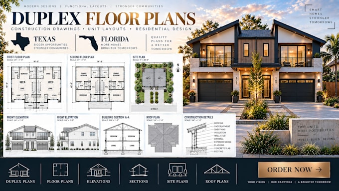 design duplex floor plans and construction drawings in texas, florida