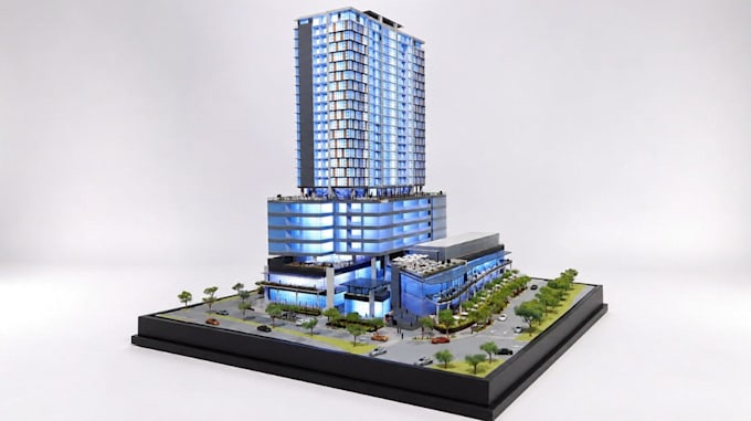 develop 3d diorama city highrise, streetscape podium,ground floor level building