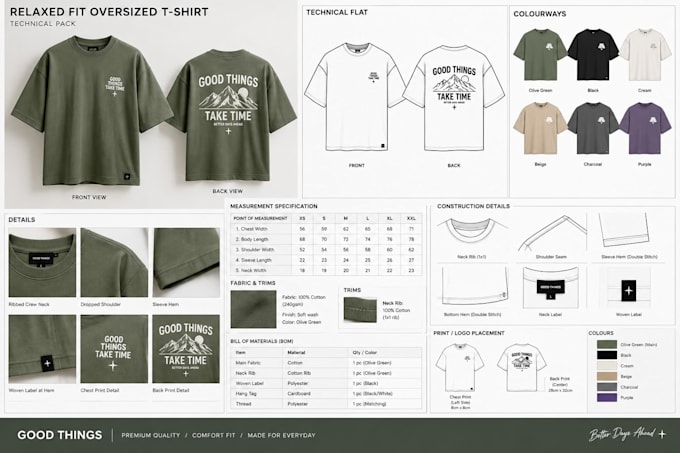 create t shirt tech pack and technical flats for production