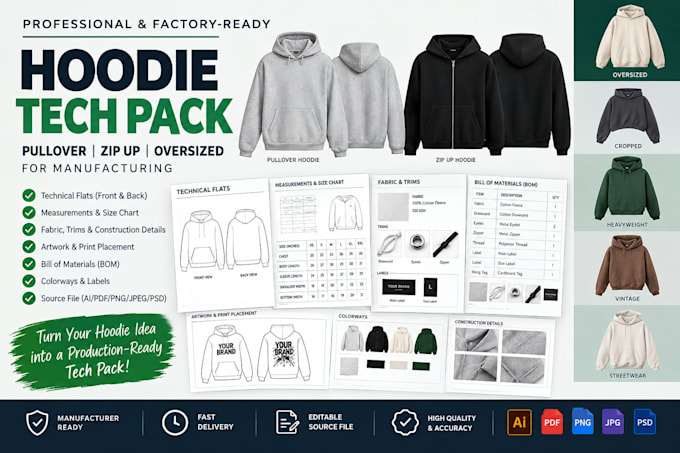create pullover, zip up, oversized hoodie tech pack for manufacturing