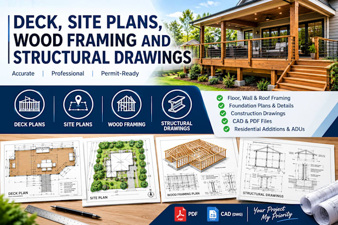 design deck, site plans, wood framing and structural drawings