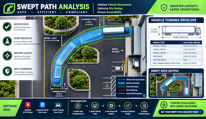 perform swept path analysis using autoturn and civil 3d for site access