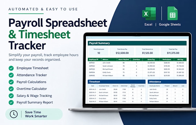 create an automated payroll spreadsheet, employee timesheet, payroll tracker