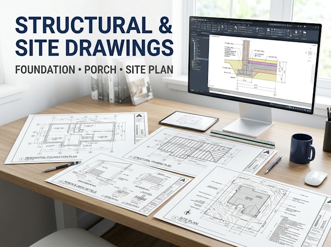 structural drawing, foundation plan, porch drawing and site plan