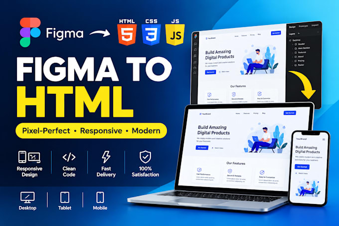 convert figma design to responsive HTML CSS js website