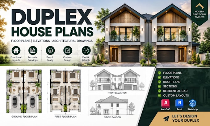 design duplex house floor plans, elevations, residential architectural drawings