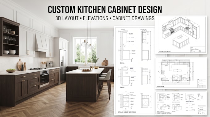 design kitchen cabinets, 3d layouts, elevation and cabinetry drawings