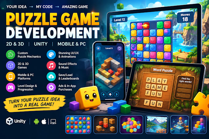develop a puzzle game in unity 2d 3d, mobile puzzle game, PC game development
