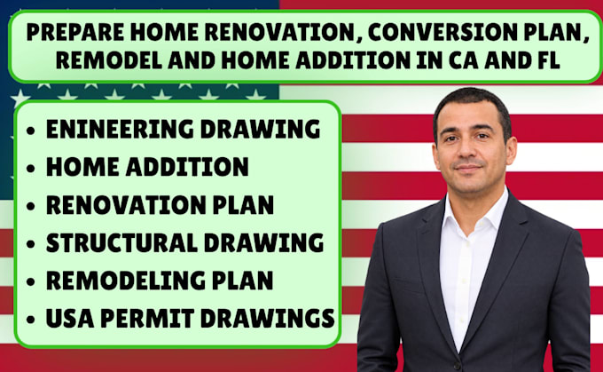 prepare renovation plan, garage conversion, remodel and permit drawings in ca fl