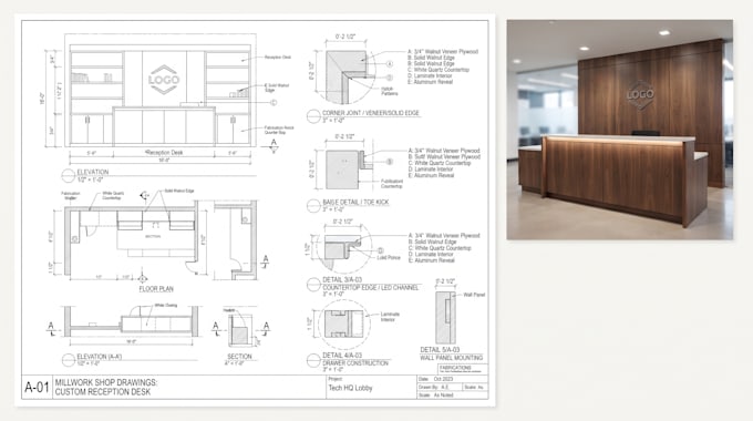 millwork shop drawings, cabinerty, elevations, sections, fabrication drawings