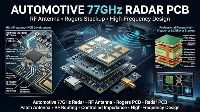 develop automotive 77ghz radar pcb, rf antenna and rogers stackup