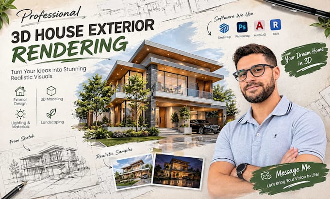 create realistic 3d house exterior rendering and architectural visualization
