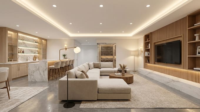 do basement interior design, game, gym room, 2d remodel plan with 3d rendering