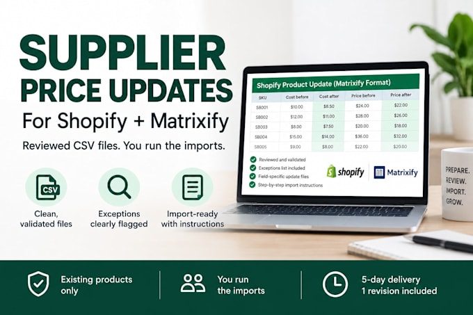 prepare supplier price update files for shopify matrixify