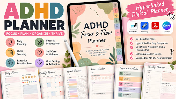 design an adhd digital planner, hyperlinked planner, goodnotes planner