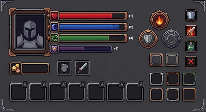 create pixel art UI kit for game interface hud inventory menu buttons icons