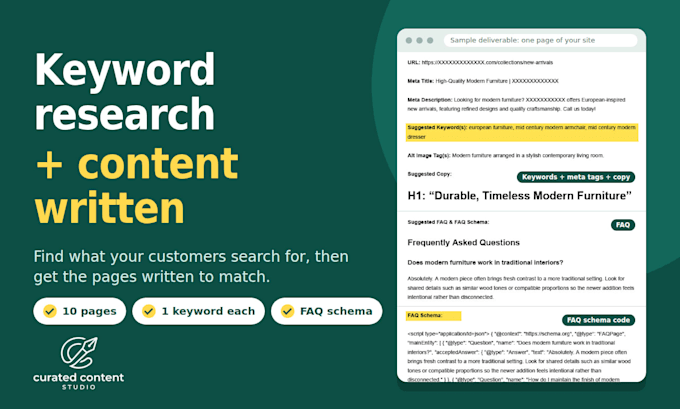 do keyword research and write SEO website copy with faq schema