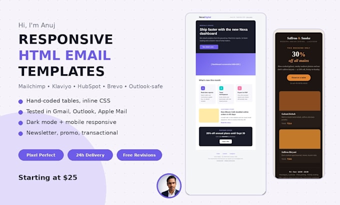 code a responsive HTML email template for mailchimp klaviyo or hubspot