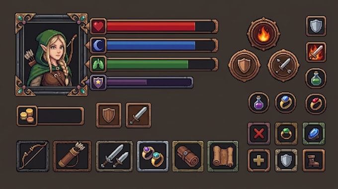 create pixel art game UI kit hud inventory menu buttons icons rpg mobile game