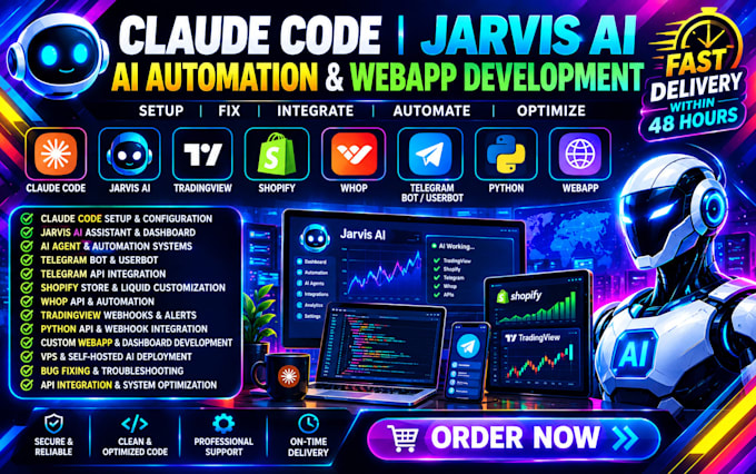 setup claude code tradiview shopify whop jarvisai webapp telegram bot or userbot