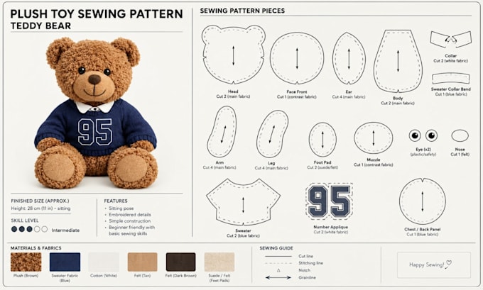 create a plush sewing pattern and tech pack for manufacturing