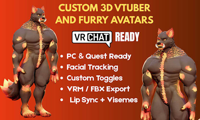 create 3d furry vtuber model, custom furry vrchat avatar, fursona 3d vtuber