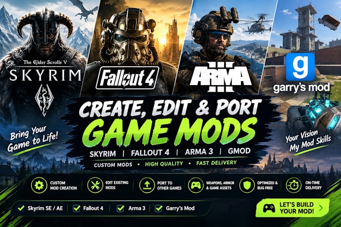 create, edit and port skyrim, fallout 4, arma 3 and gmod mods