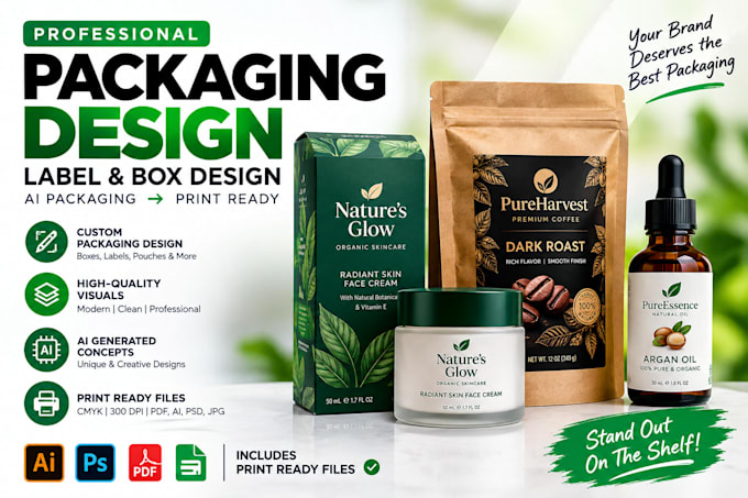 product packaging design, label and box design, ai packaging into print ready
