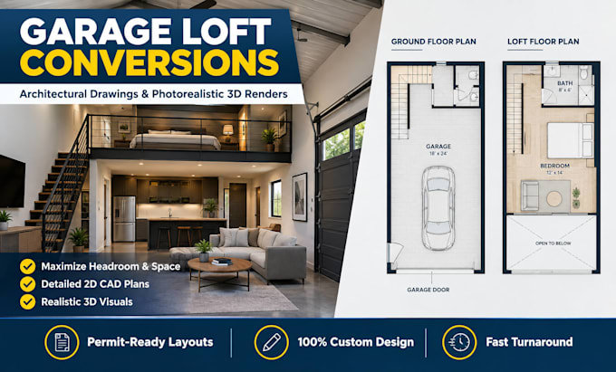 design garage loft conversion architectural plans and 3d renders