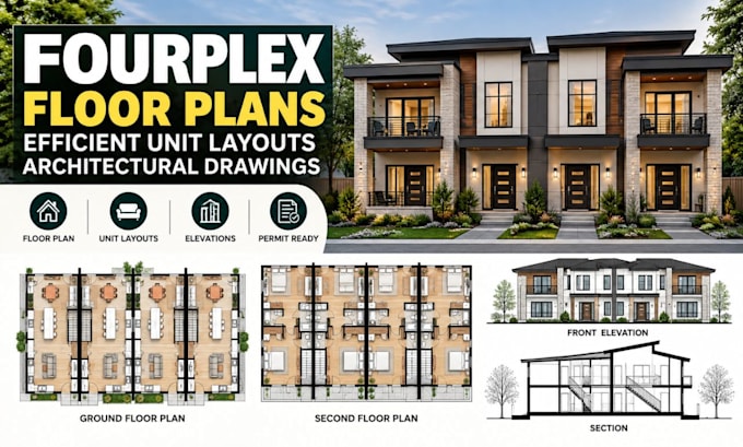 create fourplex floor plans with efficient unit layouts, architectural drawings
